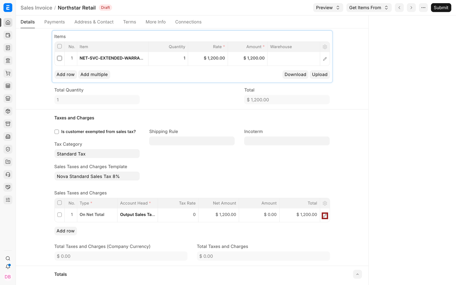 Open the Sales Invoice Item row