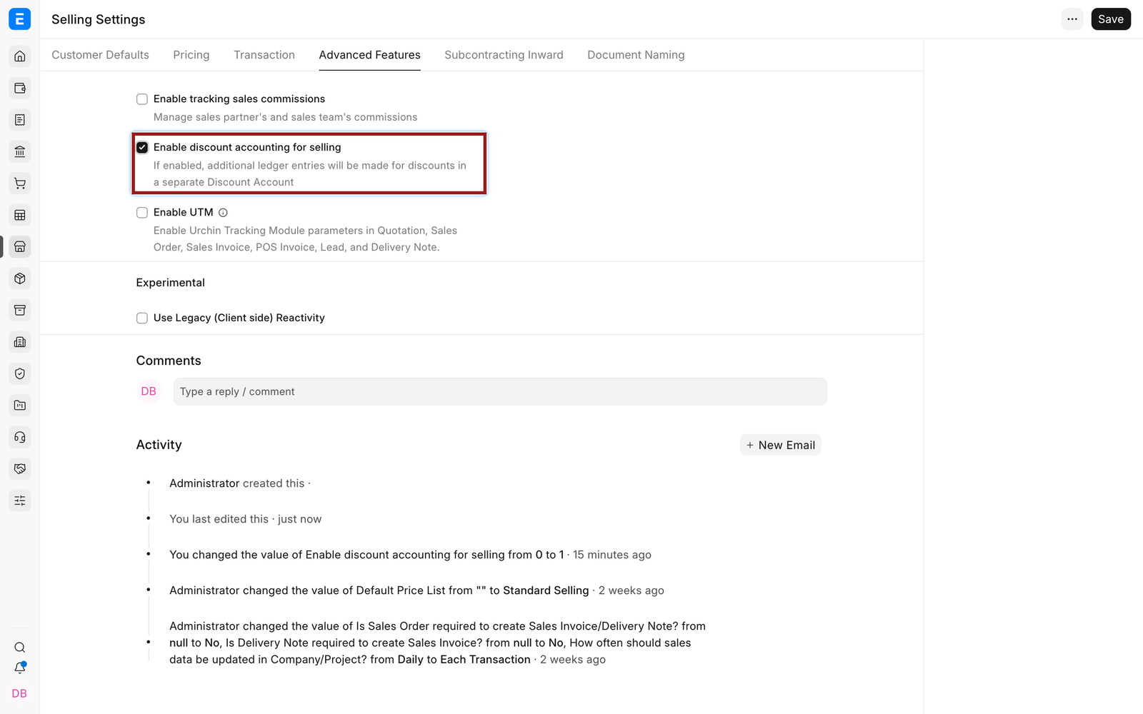 Selling Settings with Enable discount accounting for selling highlighted