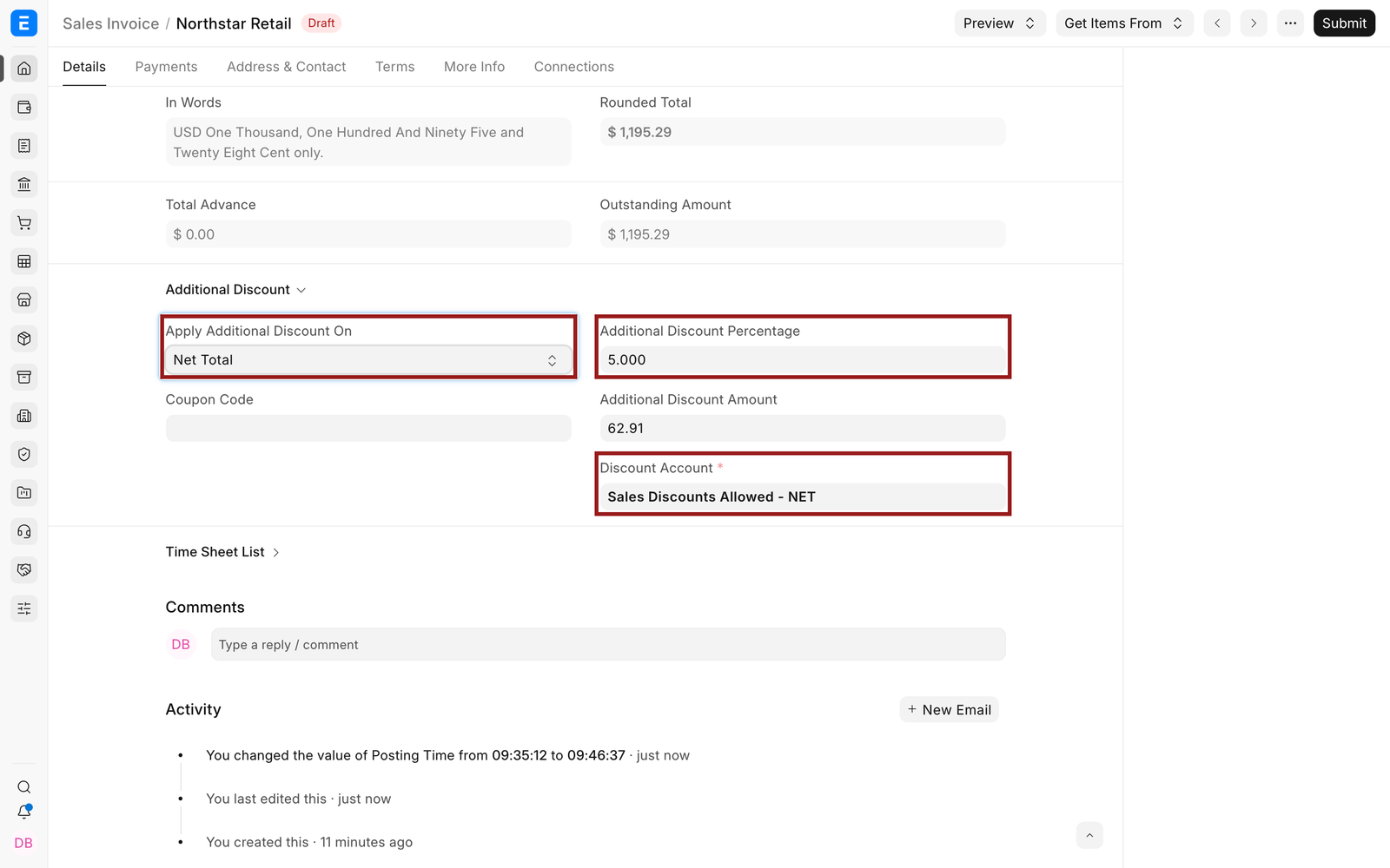 Sales Invoice Additional Discount fields and Discount Account highlighted