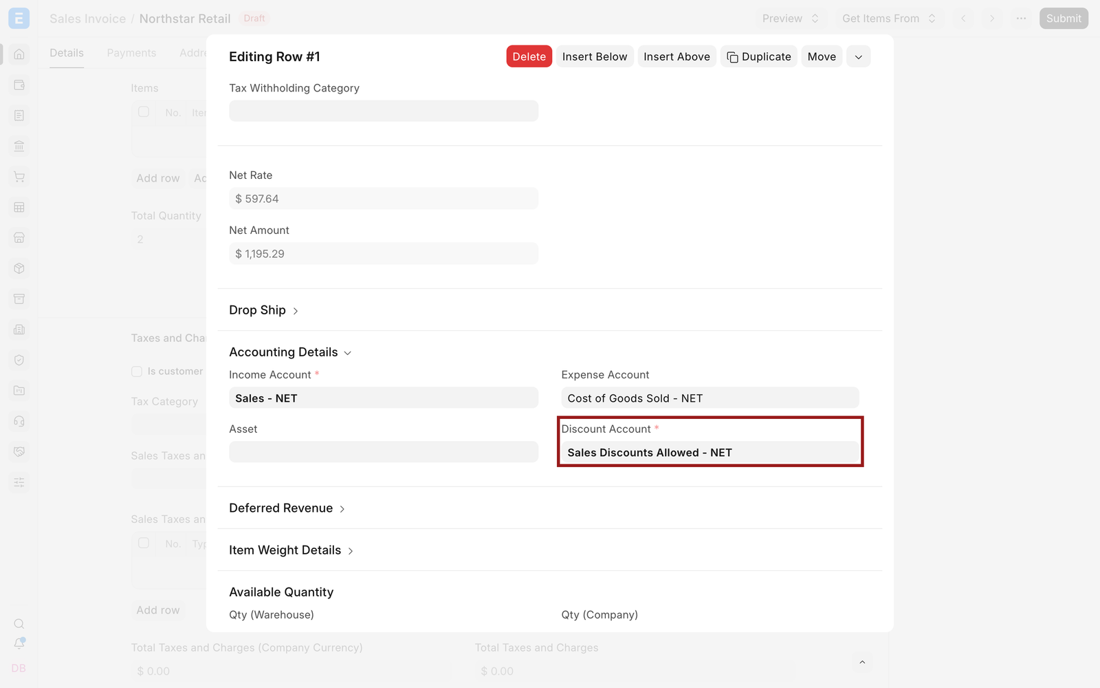 Sales Invoice item Discount Account highlighted