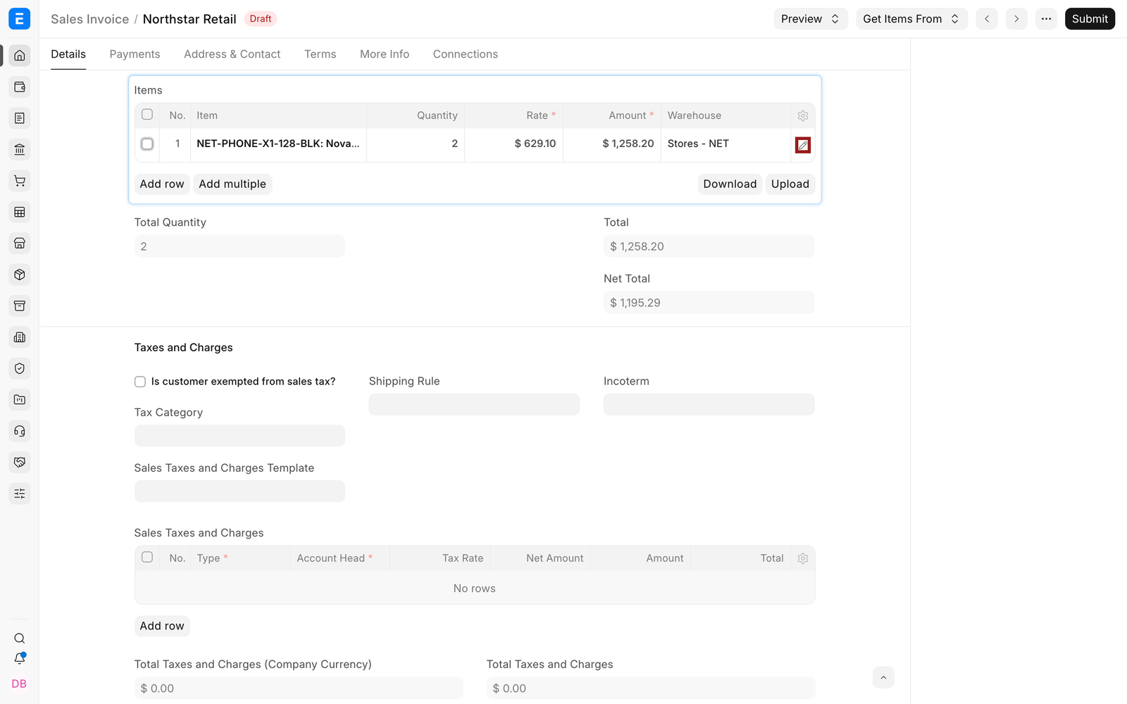 Sales Invoice item row with the pencil icon highlighted