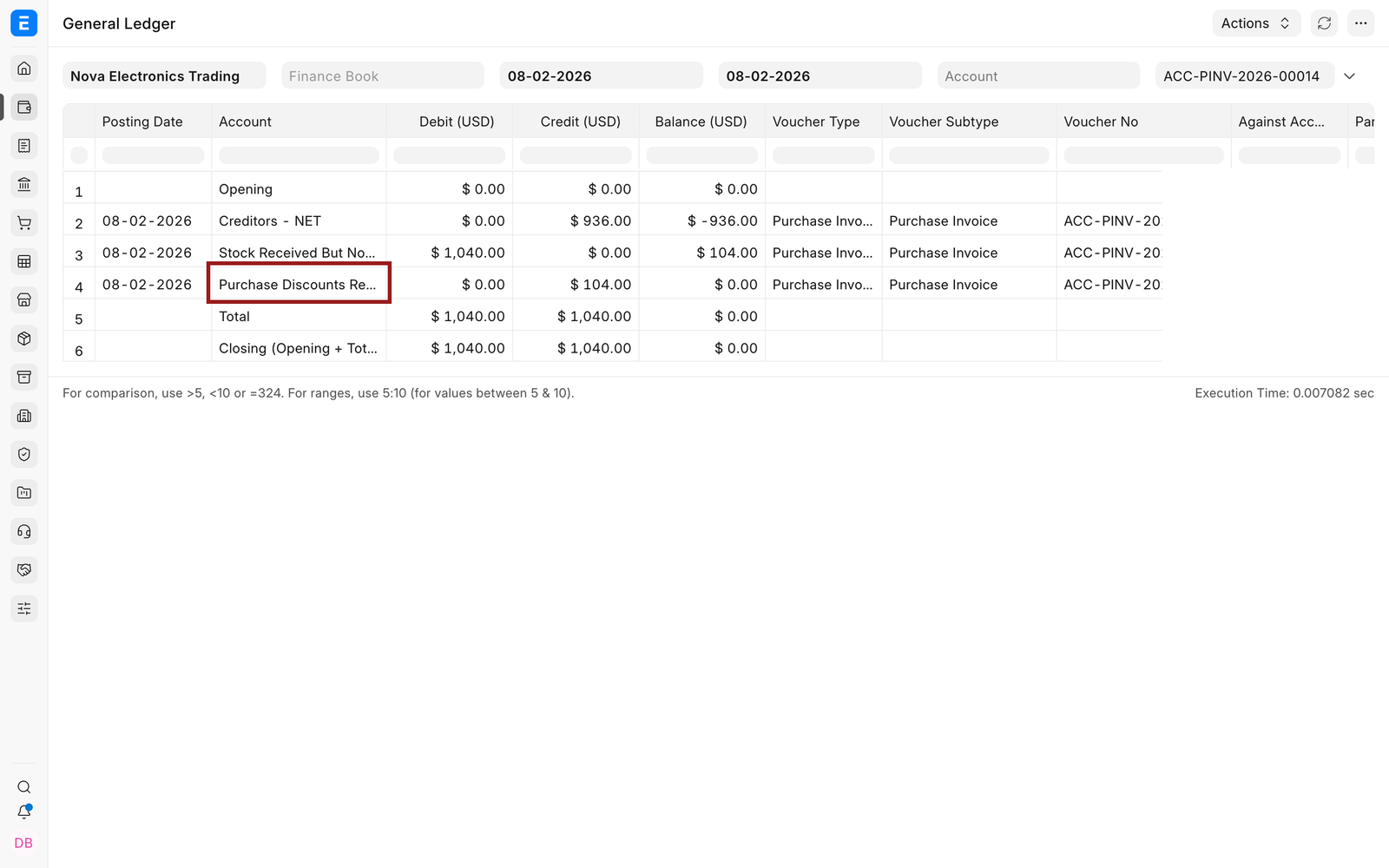 Purchase Invoice ledger with the separate discount row highlighted