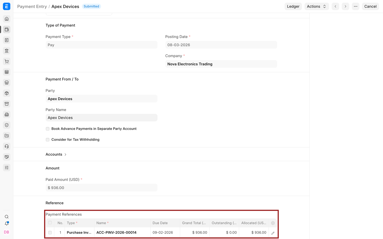 Supplier Payment Entry allocating the net Purchase Invoice amount