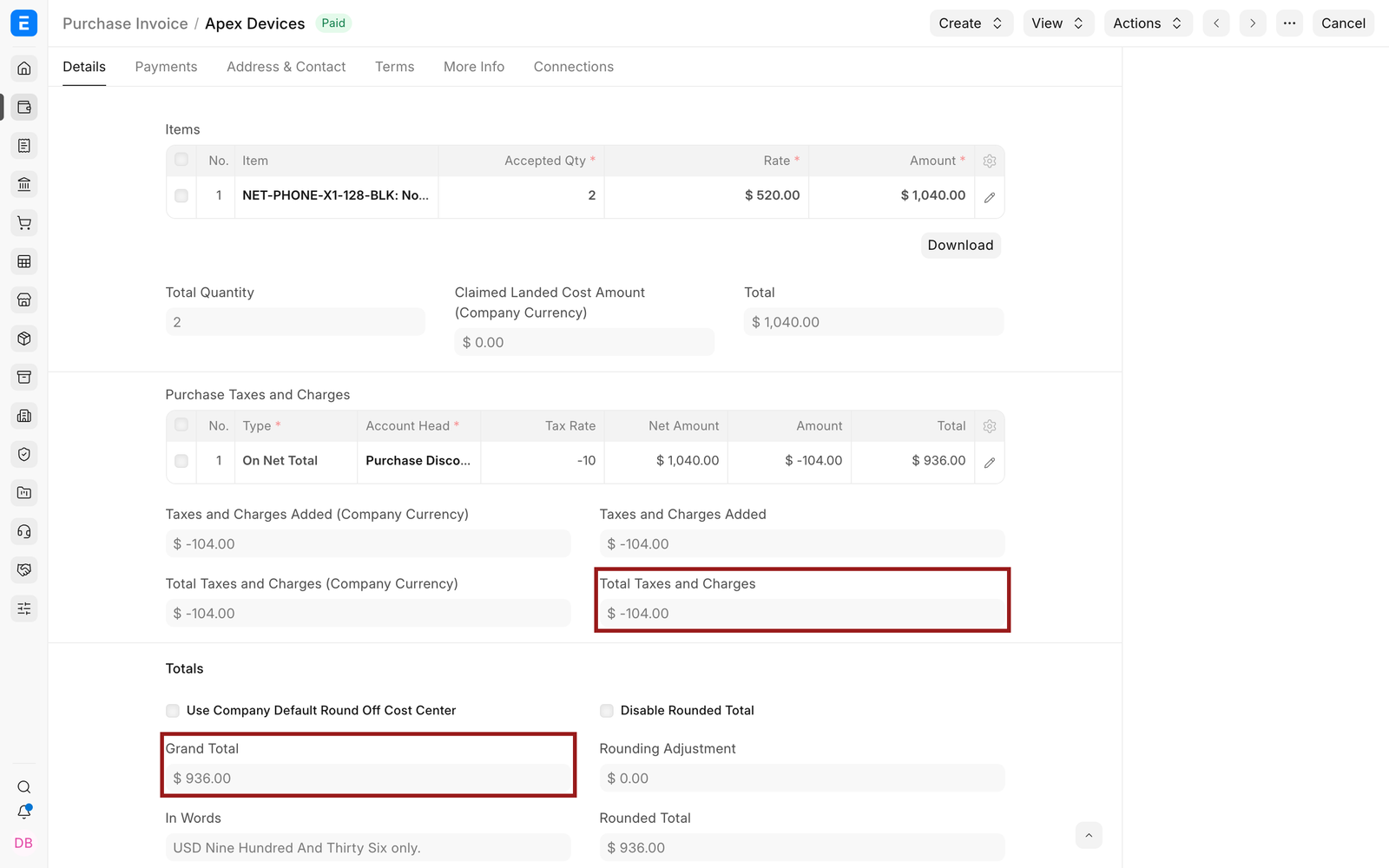 Submitted Purchase Invoice with the discount and Grand Total highlighted