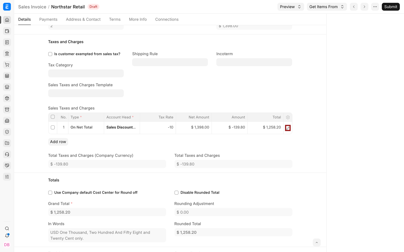 Sales Invoice discount row with the pencil icon highlighted