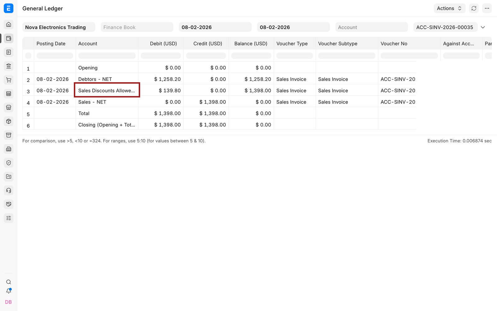 Sales Invoice ledger with the separate discount row highlighted