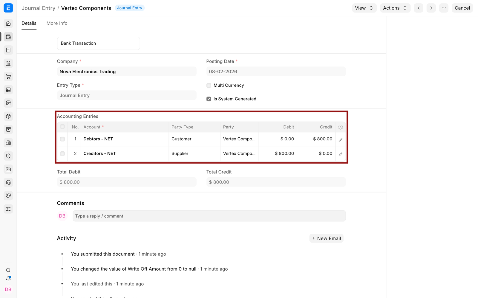 System-generated Journal Entry for the linked Customer and Supplier