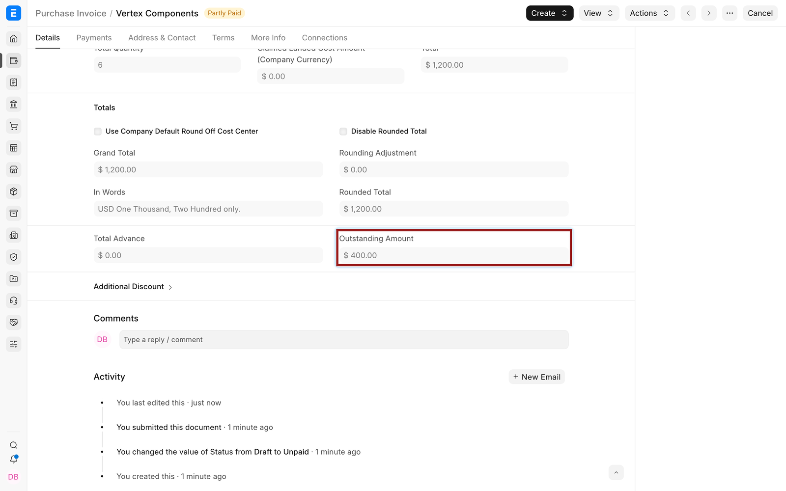 Purchase Invoice with $400 outstanding after Common Party reconciliation