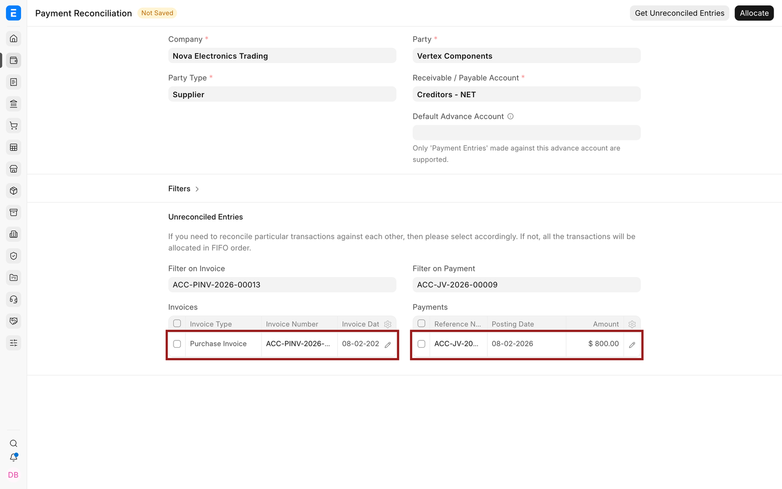 Purchase Invoice and generated Journal Entry ready for Supplier reconciliation