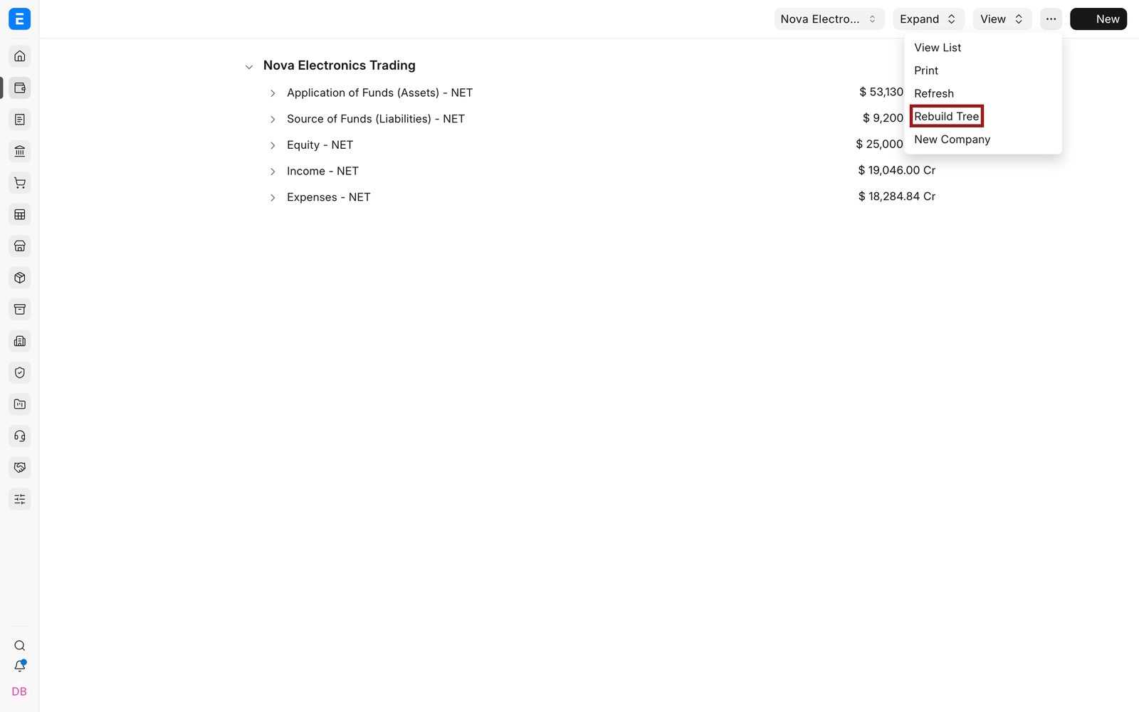 Chart of Accounts menu with Rebuild Tree highlighted