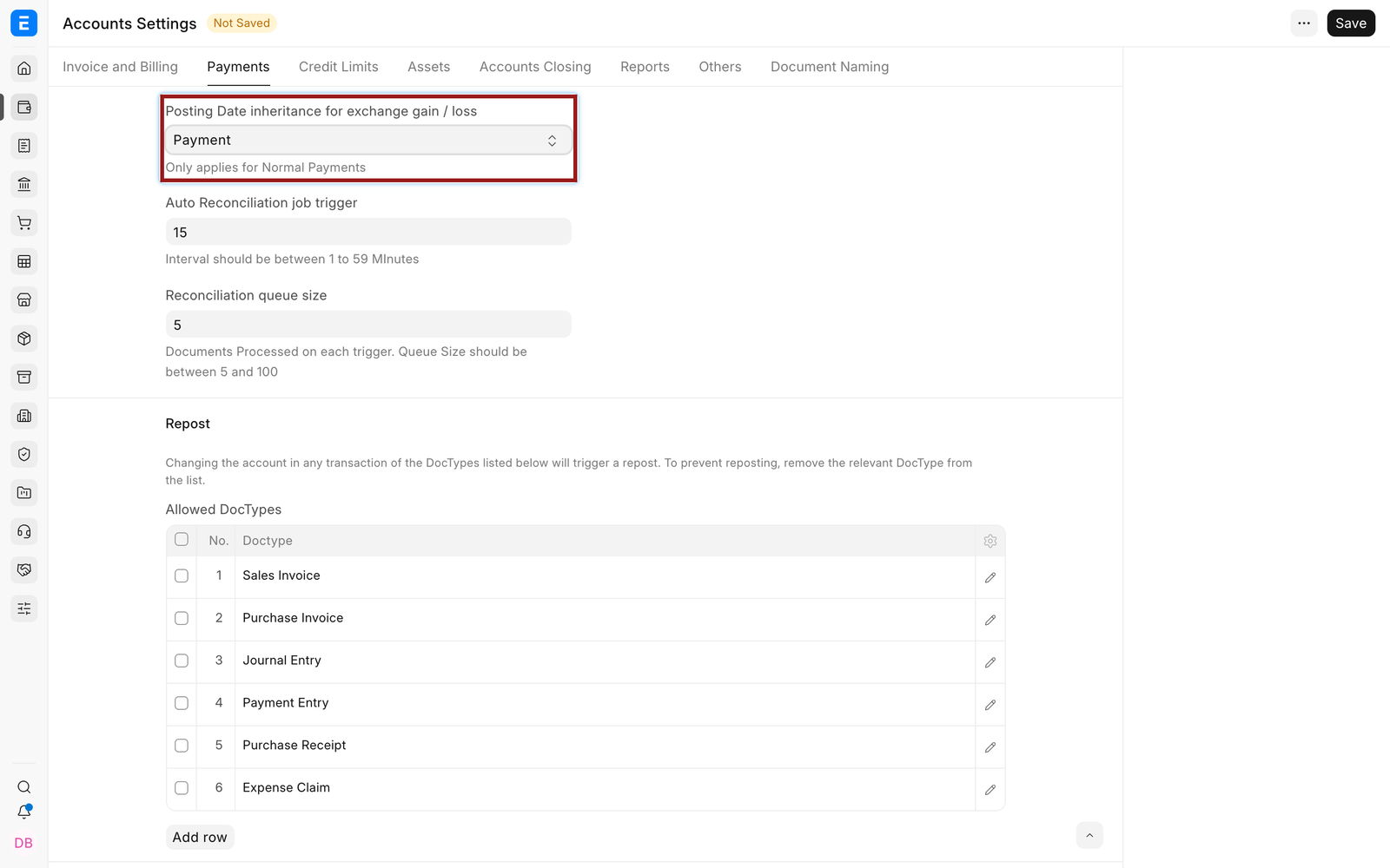 Posting-date setting for exchange gain or loss
