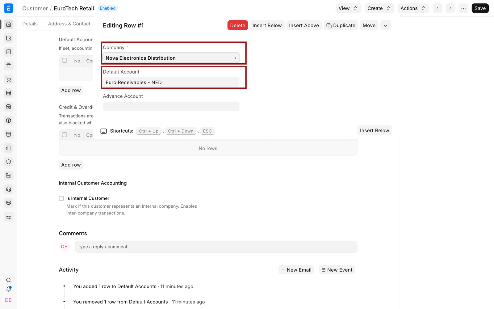 Customer default EUR account