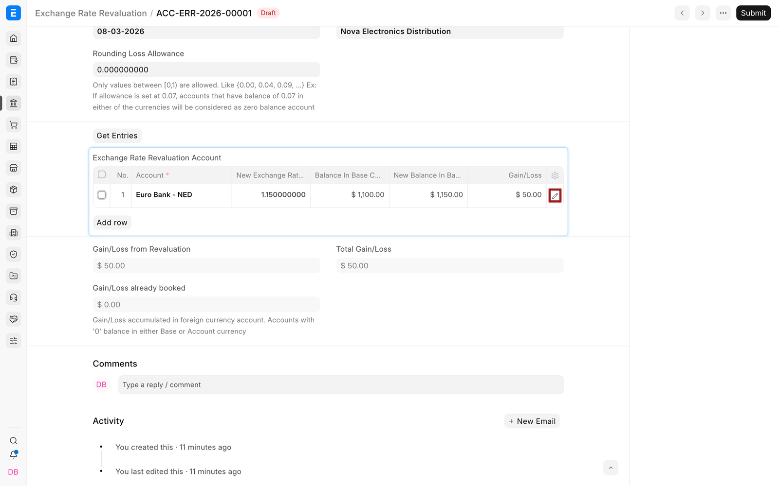 Revaluation account row and calculated gain