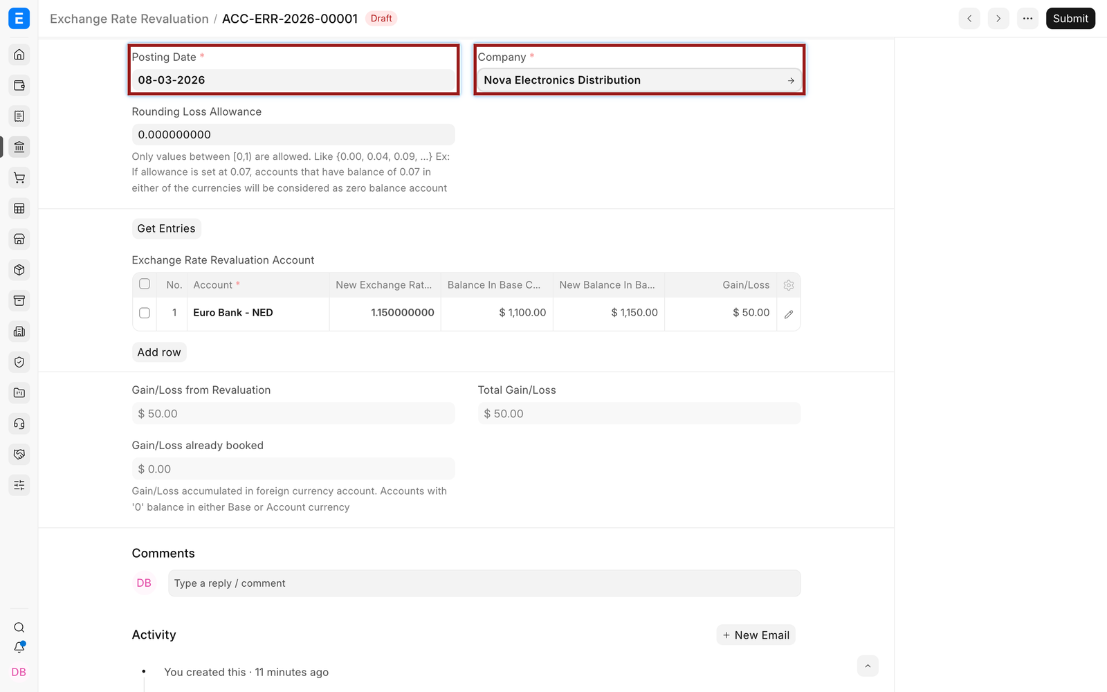 Company and posting date on the revaluation