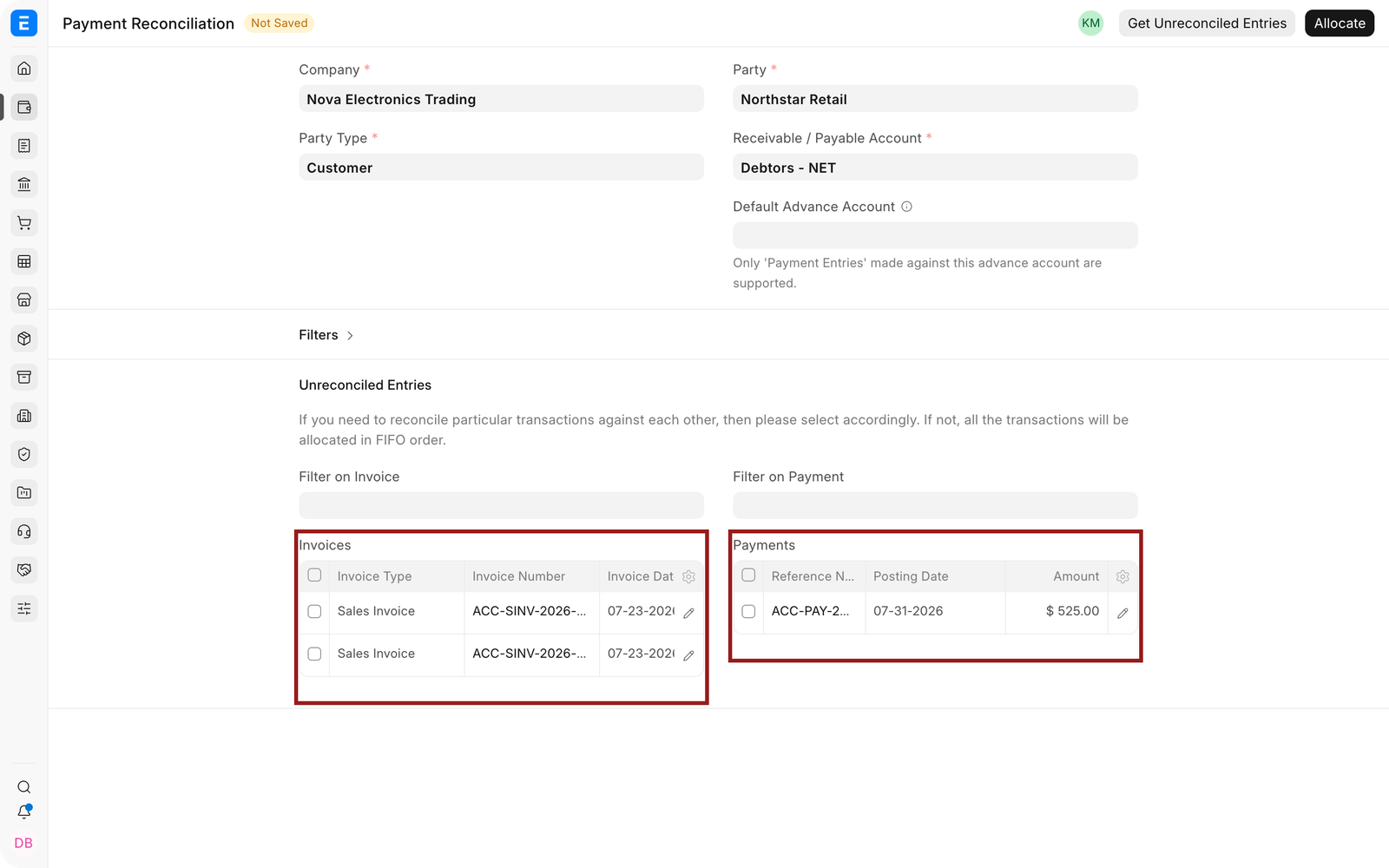 Review outstanding invoices and unallocated payments