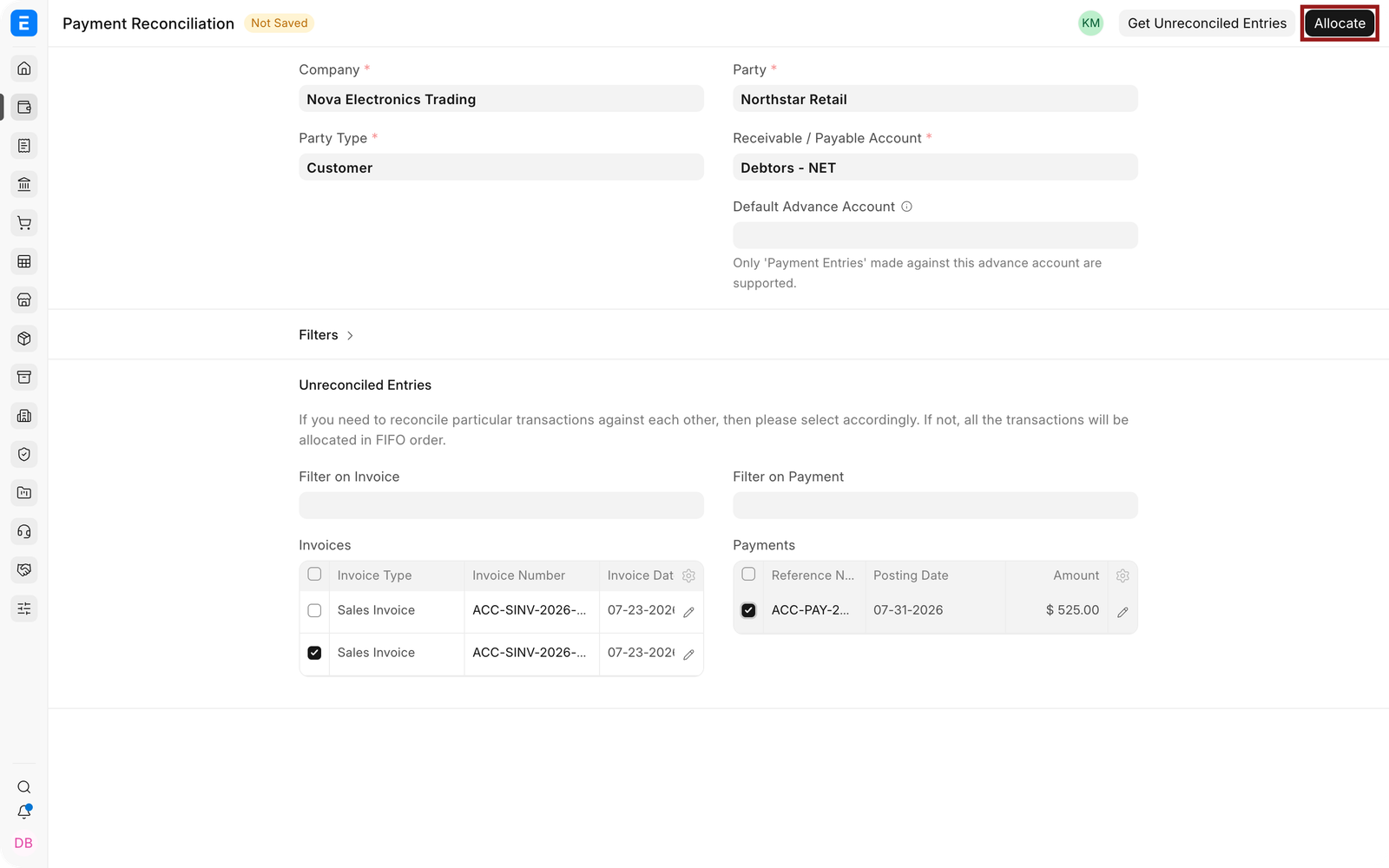 Use Allocate after selecting the invoice and payment
