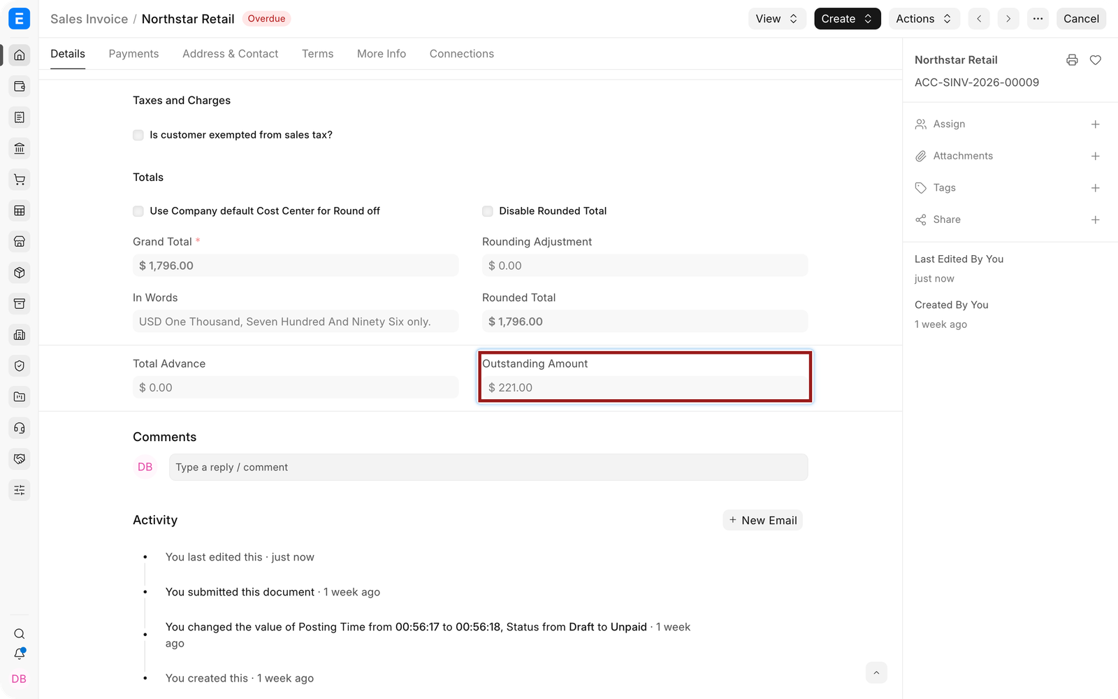 Sales Invoice showing 1271 outstanding after allocating a 525 payment