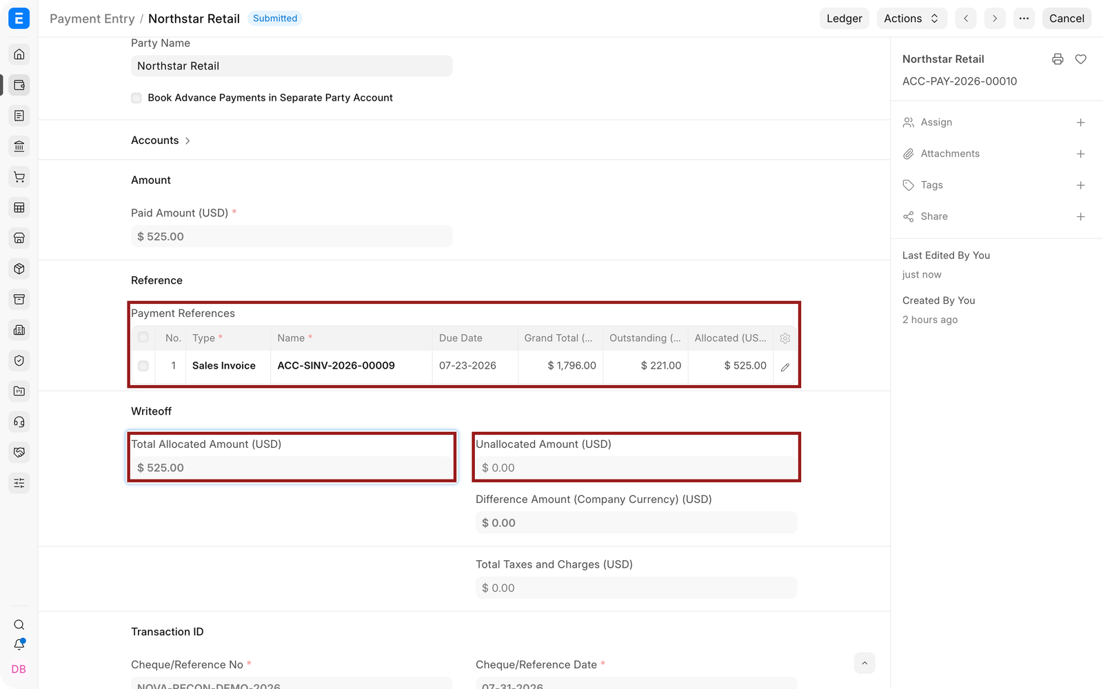 Payment Entry showing 525 allocated to the Sales Invoice after reconciliation