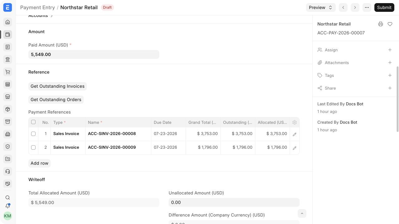 One EnigmaERP Payment Entry allocated across two Sales Invoices
