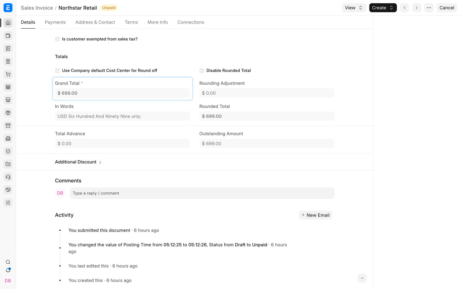 Sales Invoice total and outstanding amount before the payment