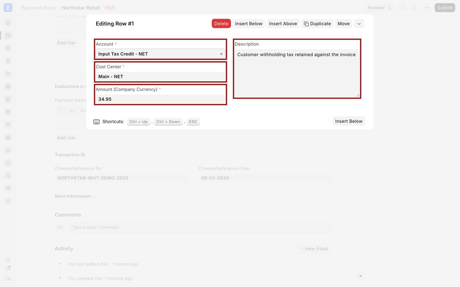 Withholding account, amount, Cost Center, and description