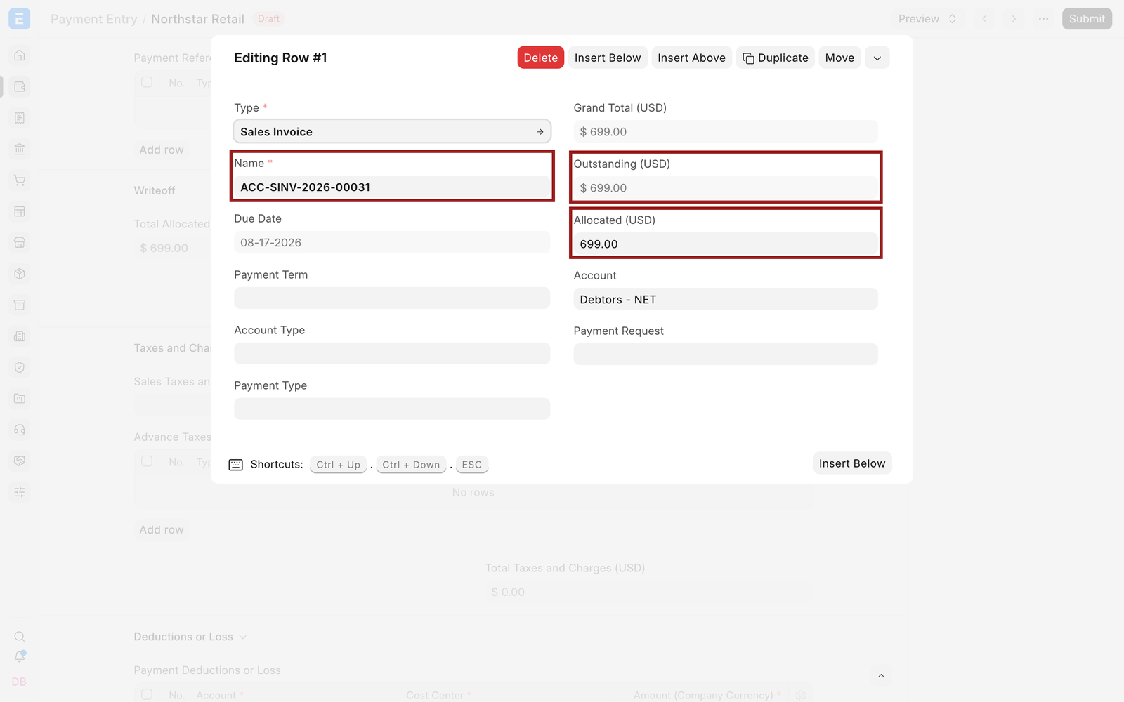 Allocate the full $699 outstanding against the Sales Invoice