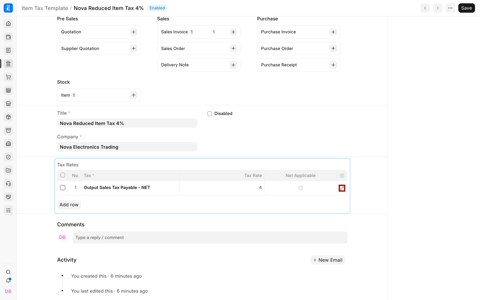 Open an Item Tax Template rate row