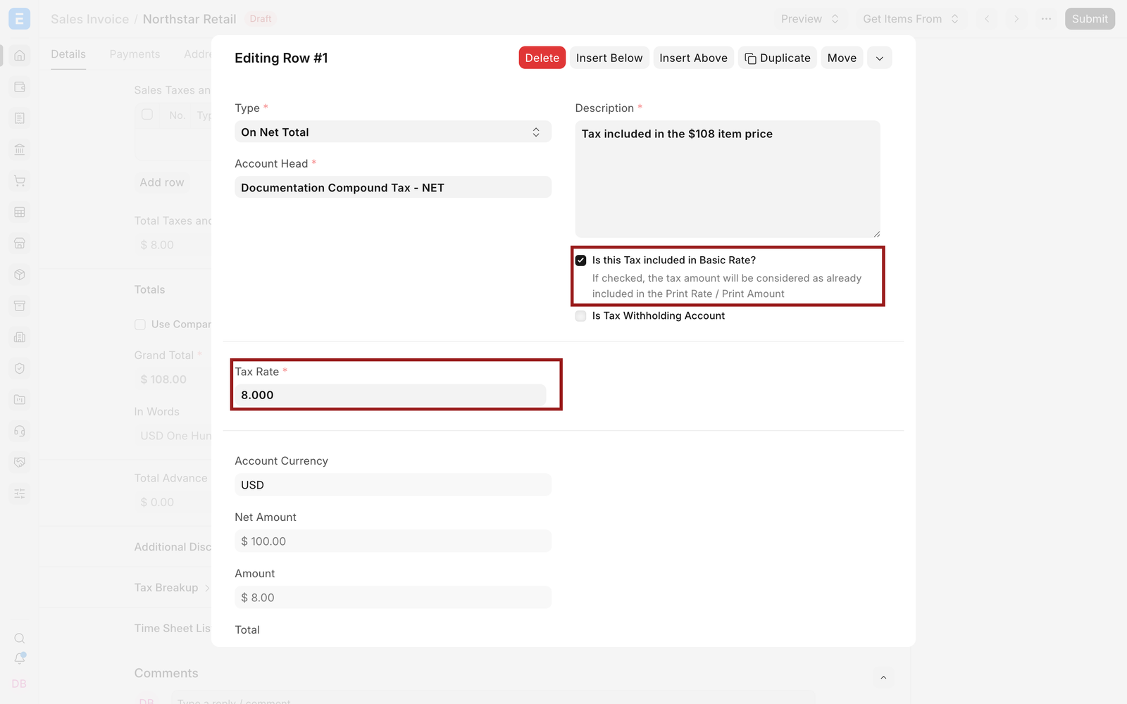 Enable the setting that marks tax as included in the basic rate