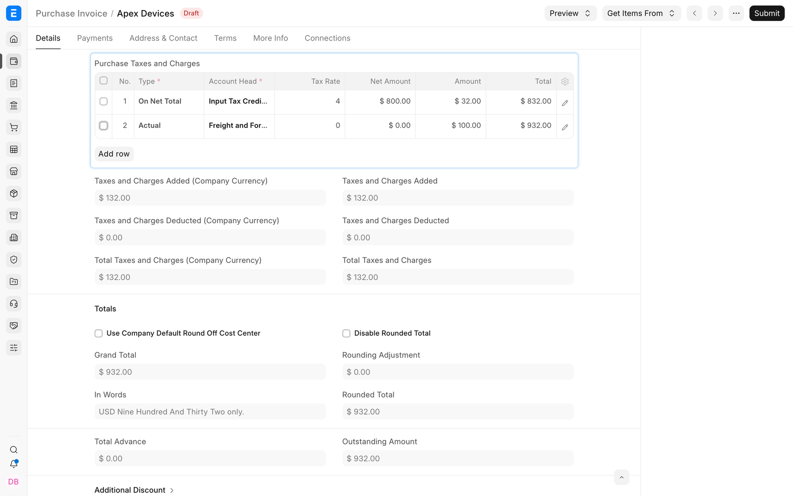 Purchase tax rows with freight included in valuation and total