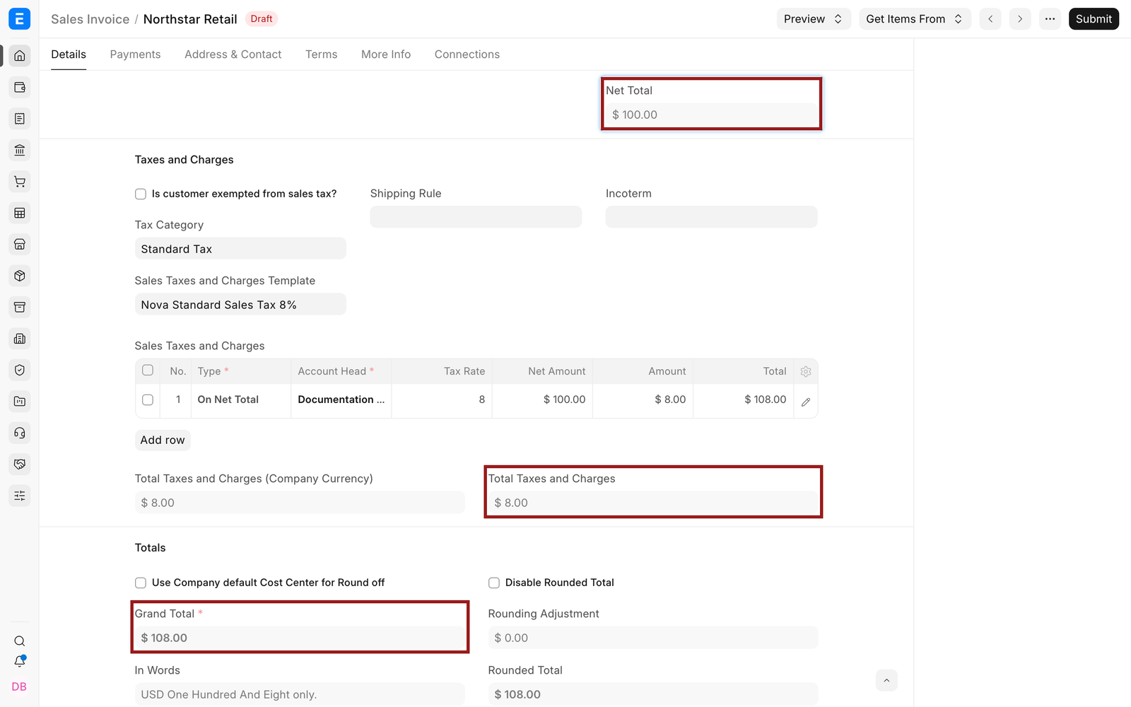 EnigmaERP separates an inclusive $108 rate into $100 net and $8 tax