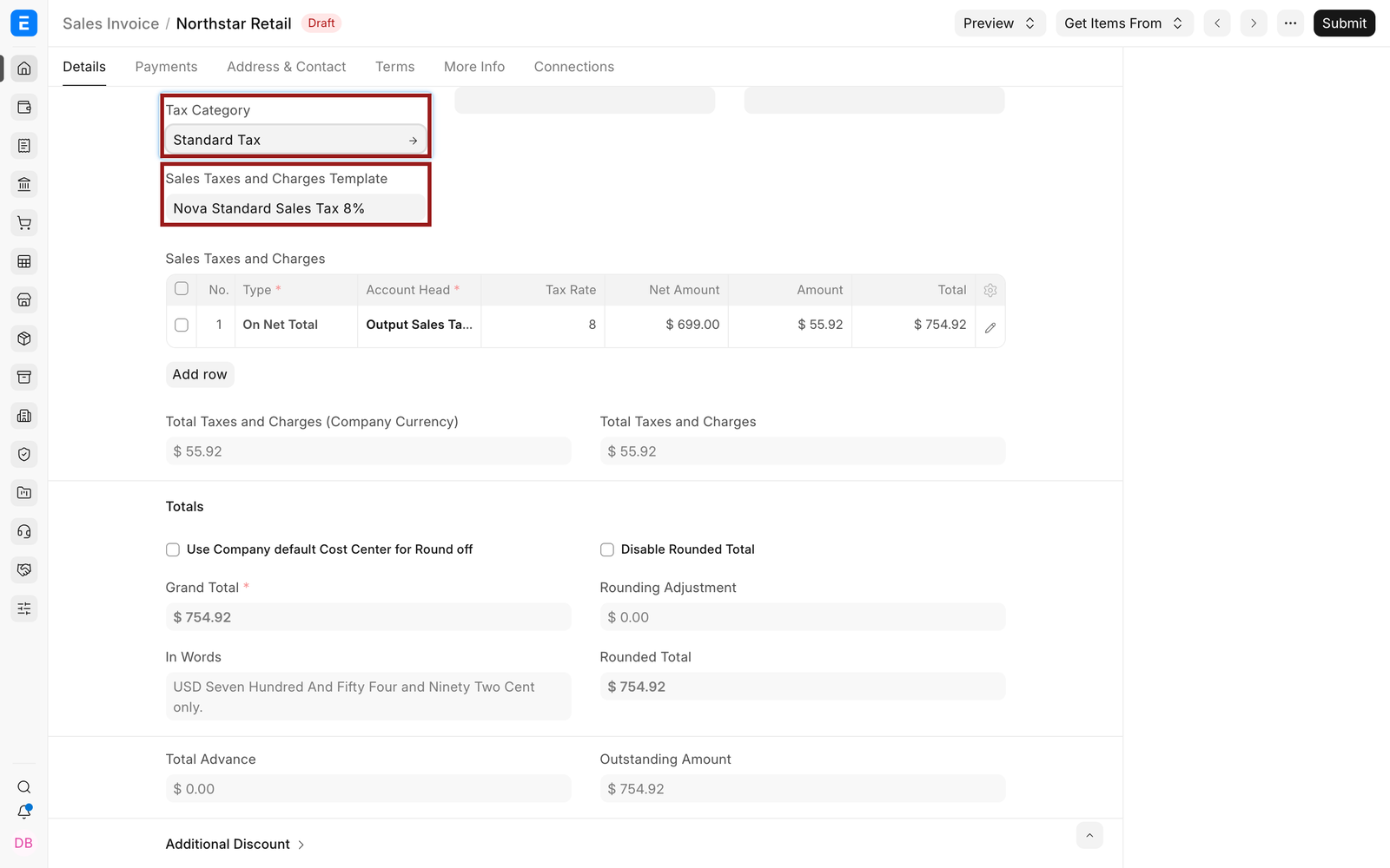 The matching Tax Category and sales template on a Sales Invoice