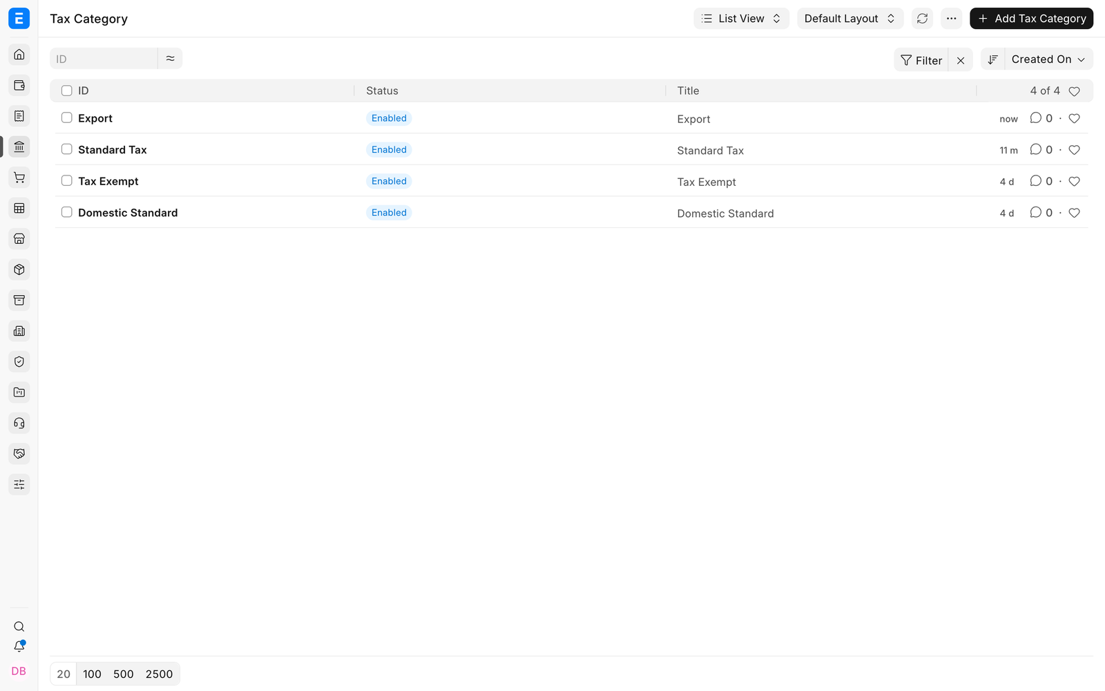 Tax Category list with reusable tax treatments