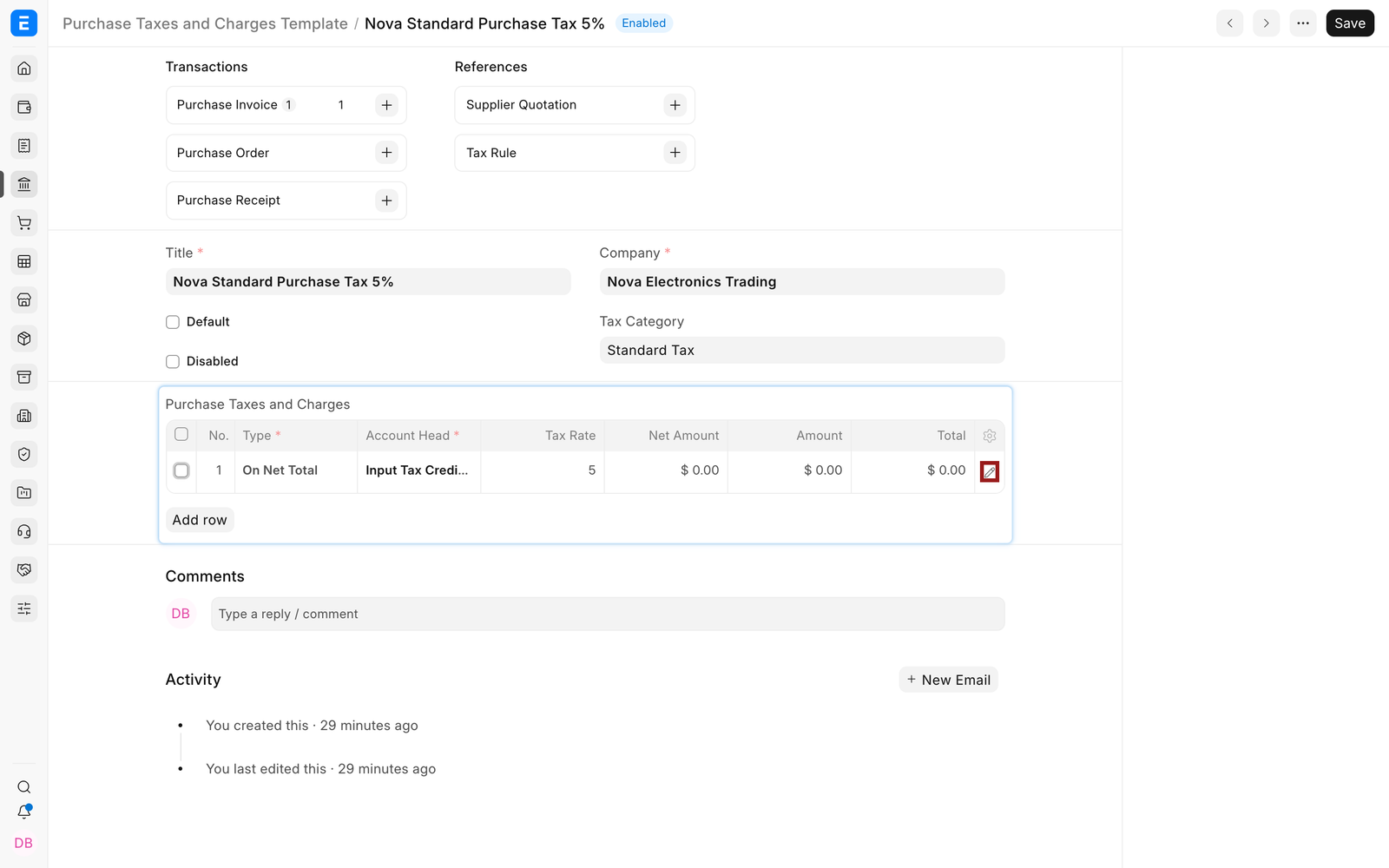 Purchase tax row with calculation and account fields