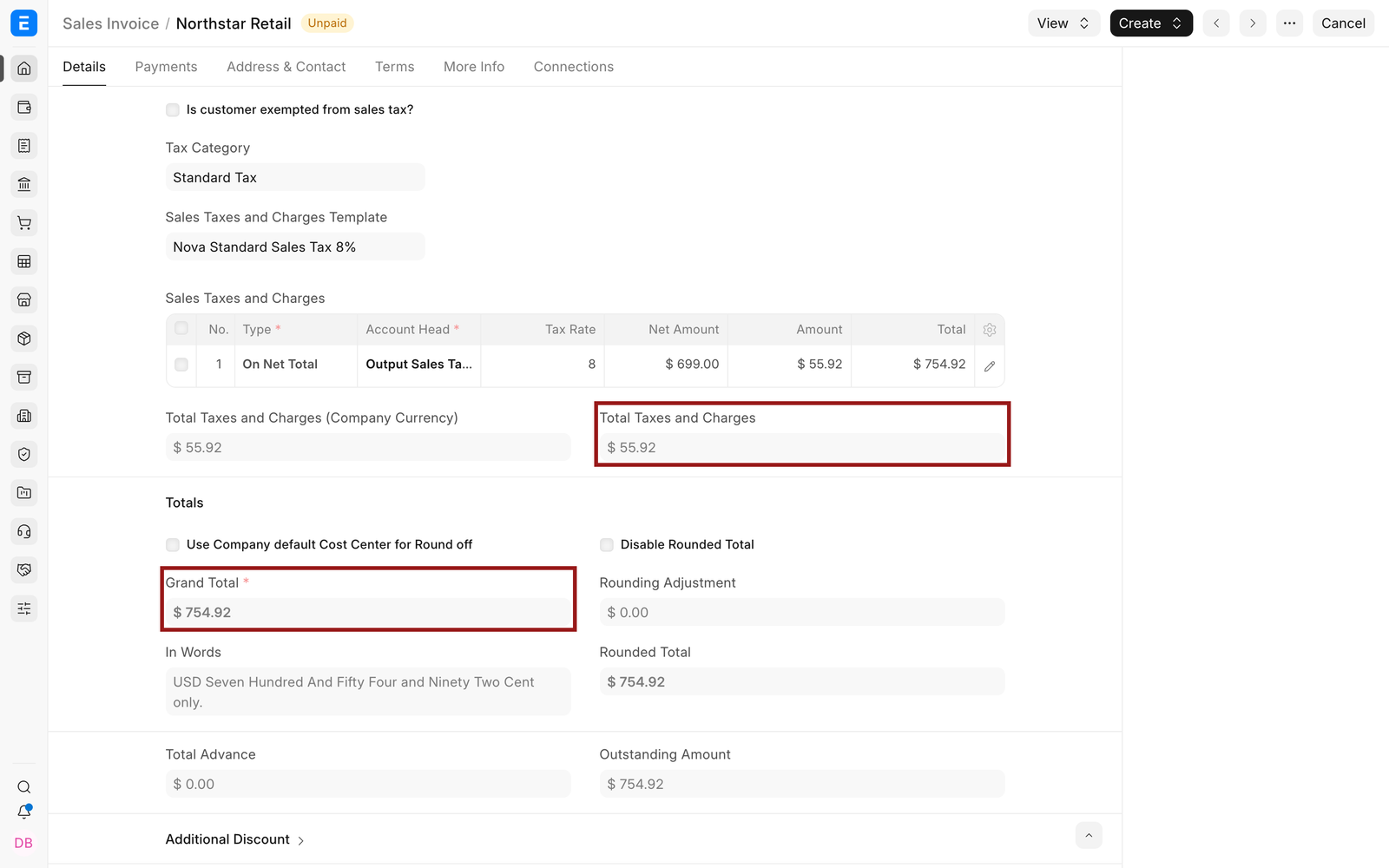 Submitted Sales Invoice tax and grand total
