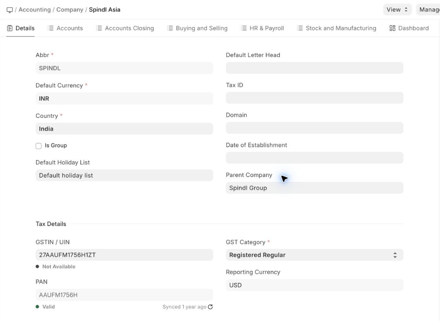 Company record in EnigmaERP