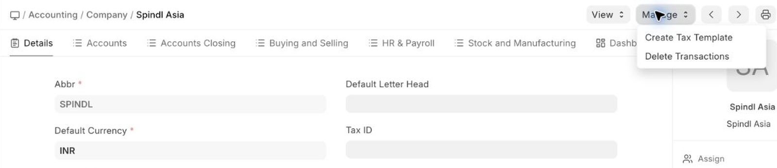 Manage menu with Delete Transactions option