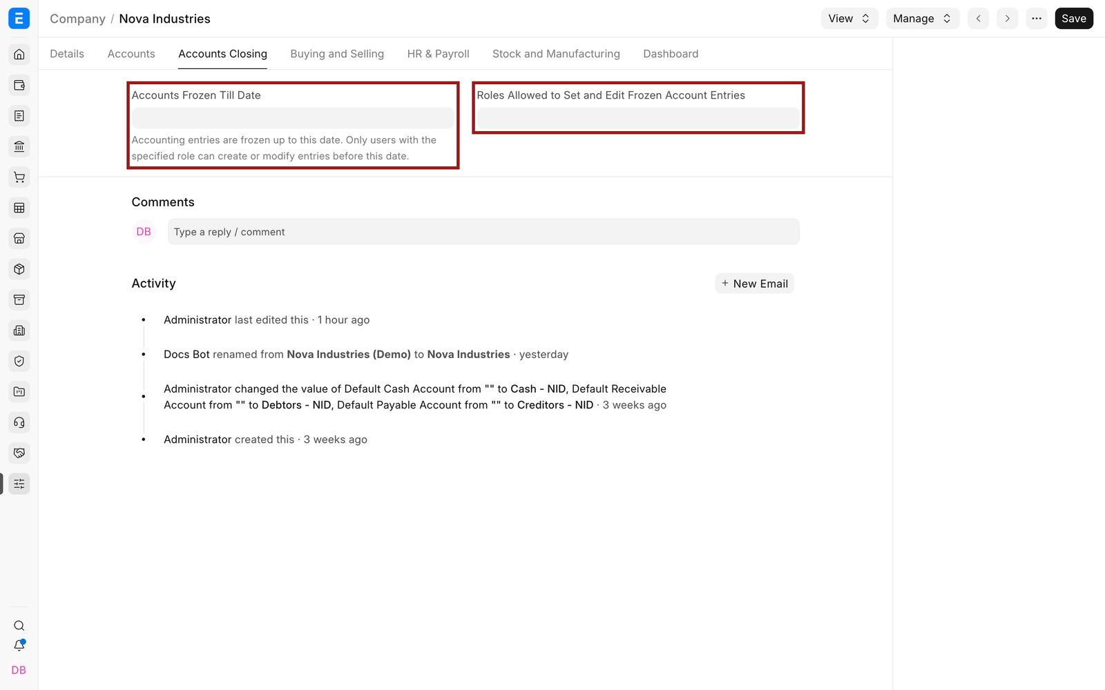 Company Accounts Closing tab showing the frozen date and authorized role