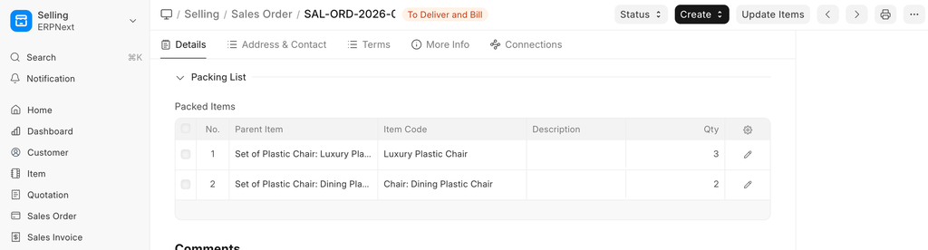 Packing List generated from a Product Bundle in a Sales Order.