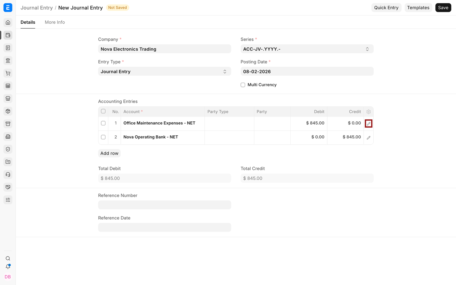 Balanced Accounting Entries with the first row pencil icon highlighted