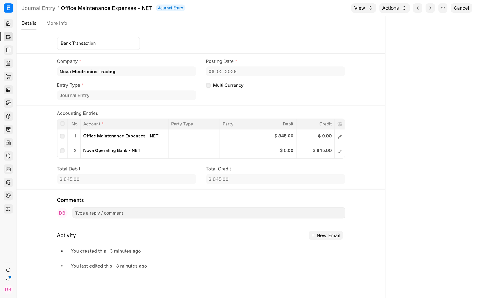 Submitted Journal Entry with balanced account rows