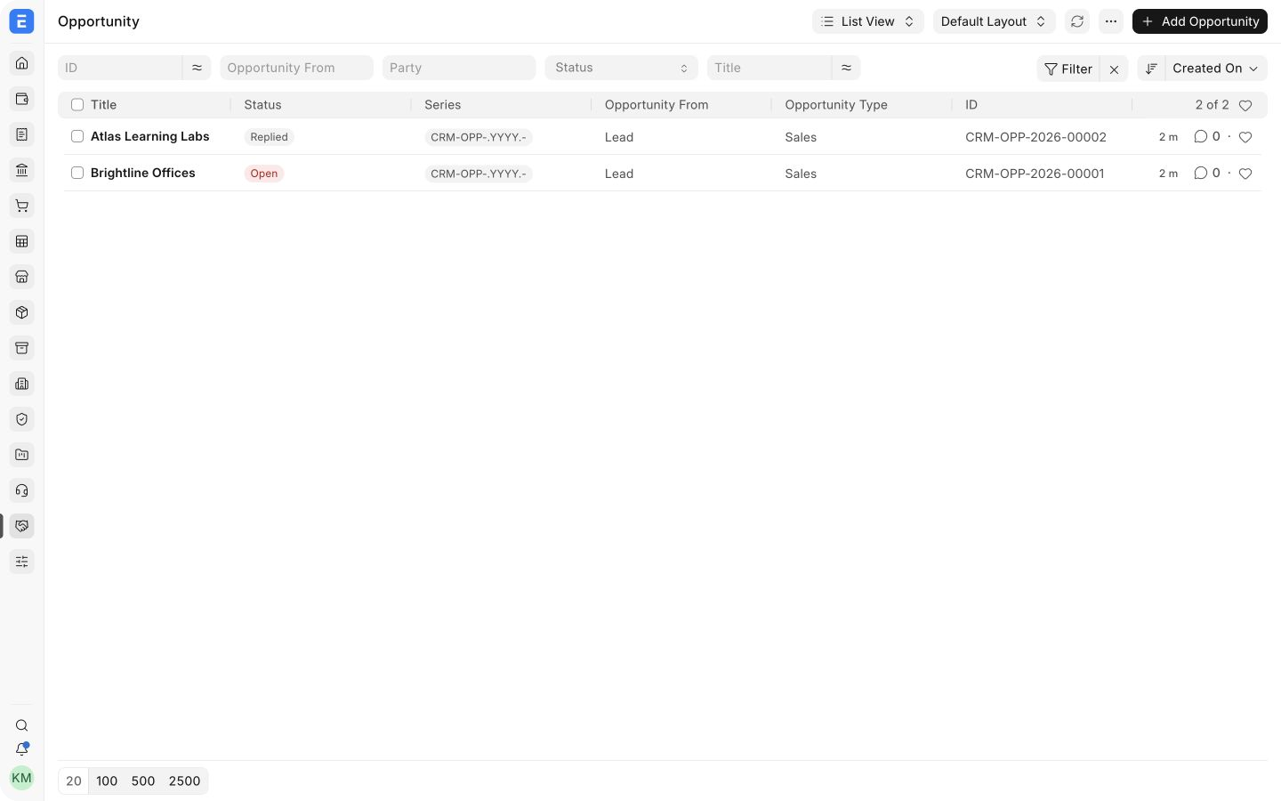 EnigmaERP Opportunity list with realistic demo opportunities and their current statuses