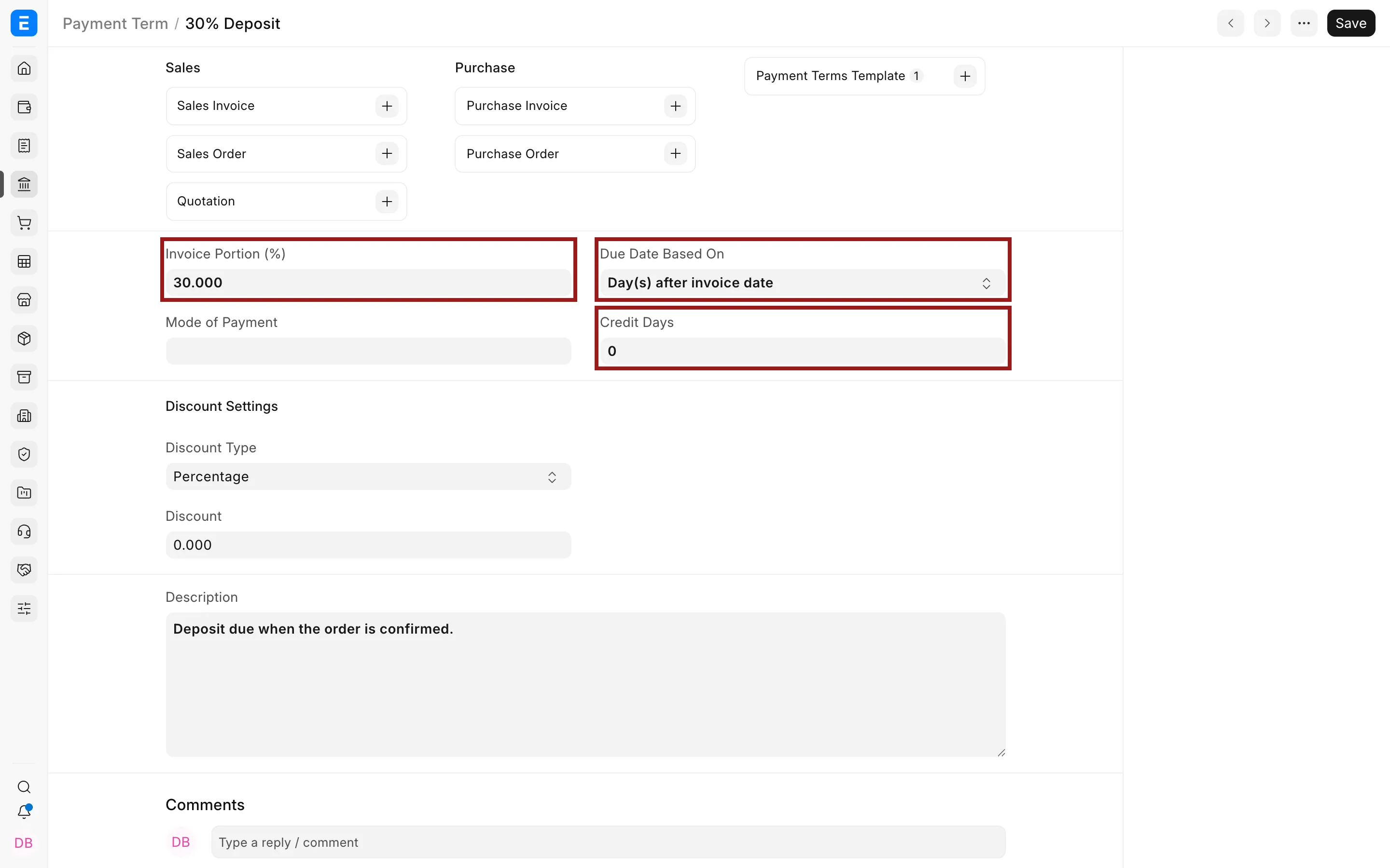 Payment Term for a deposit
