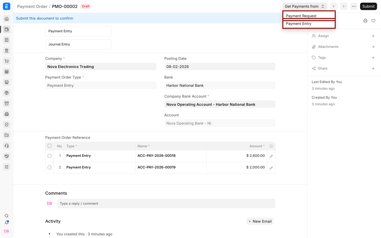 The Payment Request and Payment Entry source options highlighted in the Payment Order menu.