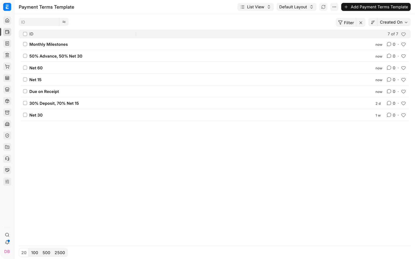 Payment Terms Template catalogue in EnigmaERP