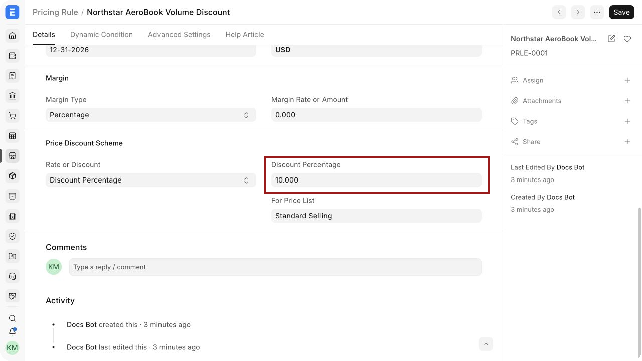 Pricing Rule discount percentage in EnigmaERP