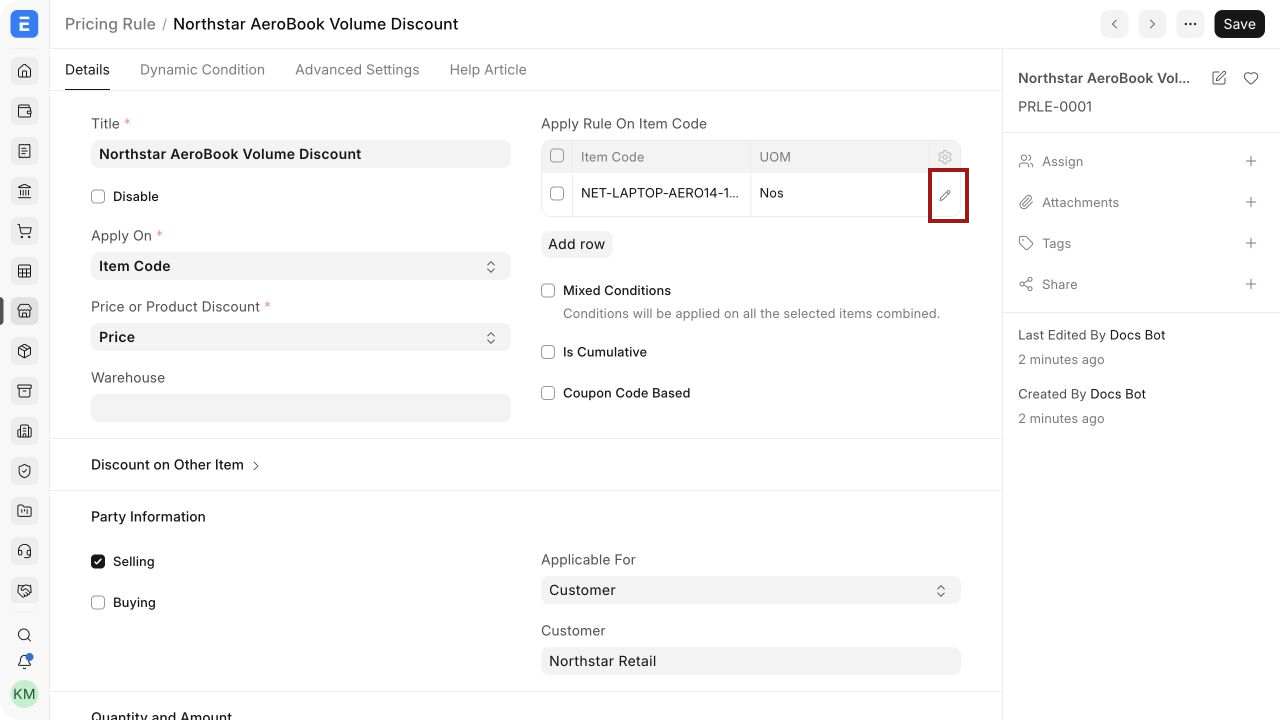 Pricing Rule for an item and customer in EnigmaERP