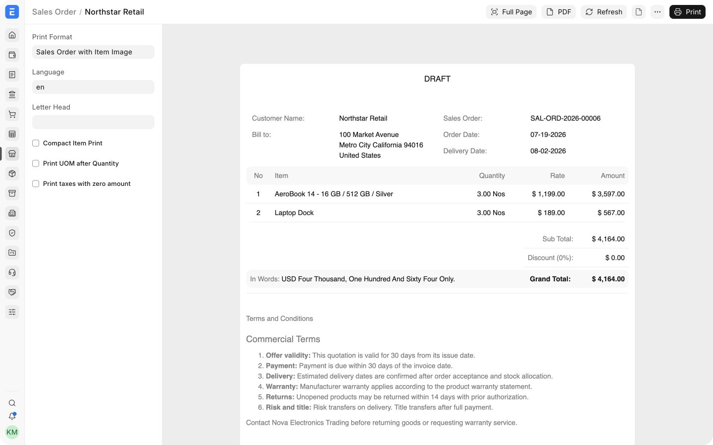 EnigmaERP Sales Order print preview showing the Terms and Conditions section