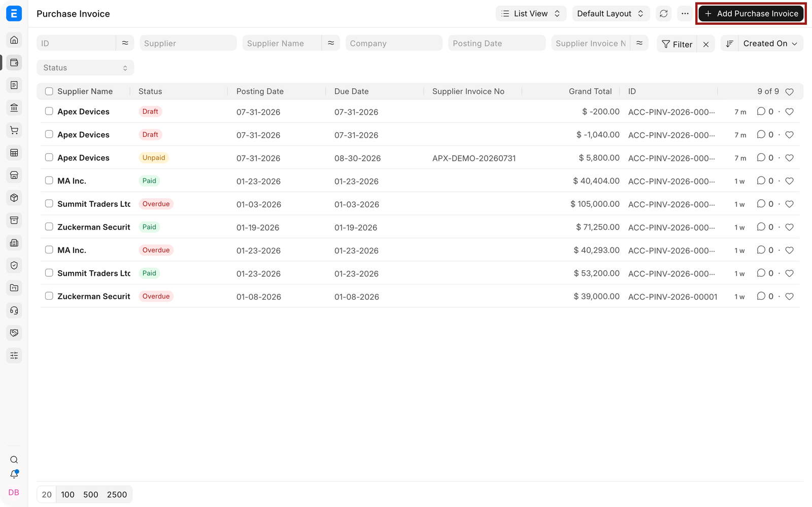 Purchase Invoice list with Add Purchase Invoice highlighted