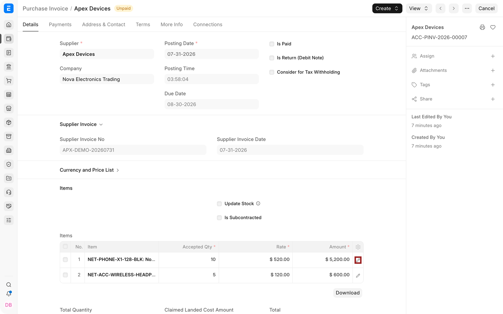 Purchase Invoice Items table with the row pencil highlighted