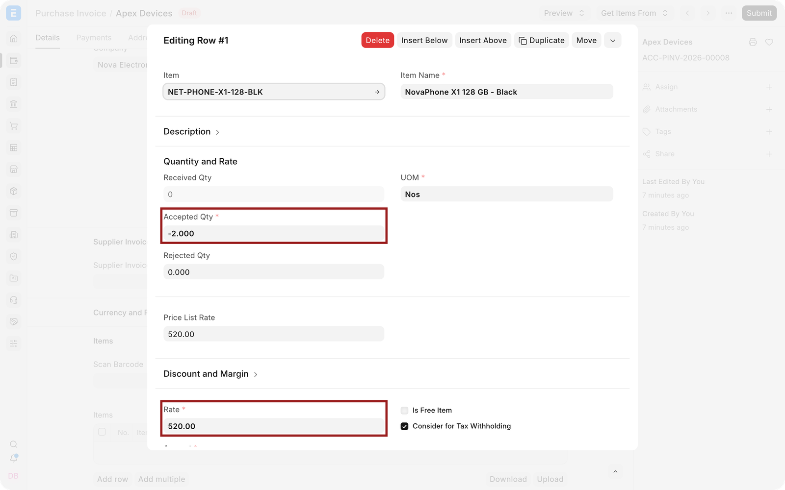 Negative quantity and original rate in the Debit Note Item row